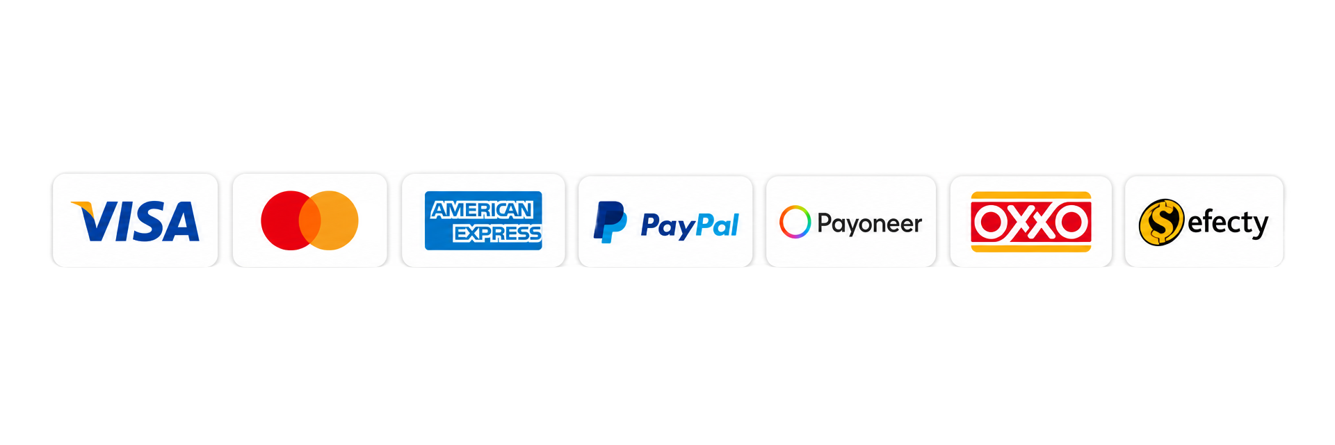 Métodos de pago aceptados: Visa, Mastercard, American Express, PayPal, Payoneer, OXXO, Efecty